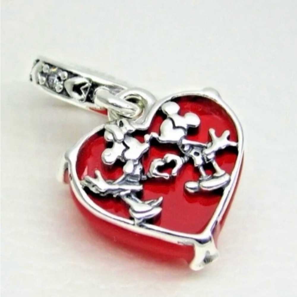 NWT PANDORA x Disney Mickey/Minnie Mouse Kiss Red Murano Dangle Ch…